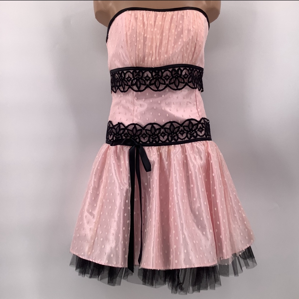 Jessica Mcclintock For Gunne Sax Pink Prom Party Dress With Black Lace Trim Y2k